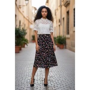Madewell Black Midi Skirt with Pink & Green Floral Print